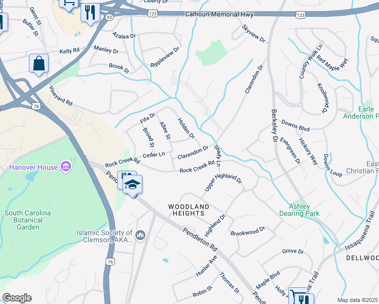 map of restaurants, bars, coffee shops, grocery stores, and more near 107 Clarendon Drive in Clemson