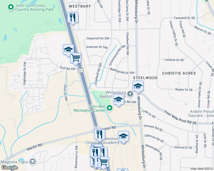 map of restaurants, bars, coffee shops, grocery stores, and more near 617 Drummond Road Southwest in Huntsville