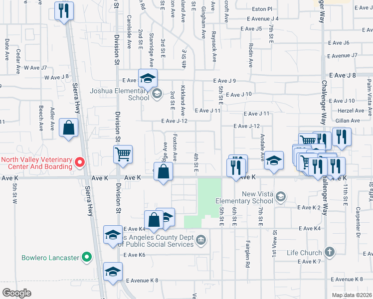 map of restaurants, bars, coffee shops, grocery stores, and more near 343 East Avenue J-14 in Lancaster