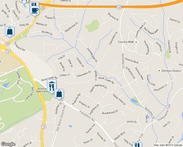 map of restaurants, bars, coffee shops, grocery stores, and more near 114 Clarendon Drive in Clemson