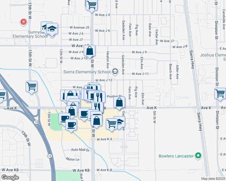 map of restaurants, bars, coffee shops, grocery stores, and more near 43720 Heaton Avenue in Lancaster