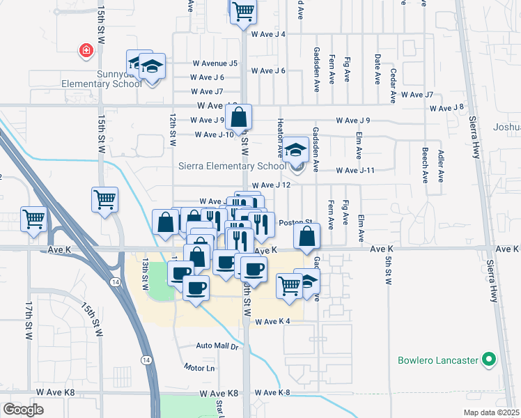 map of restaurants, bars, coffee shops, grocery stores, and more near 823 Avenue J 14 in Lancaster
