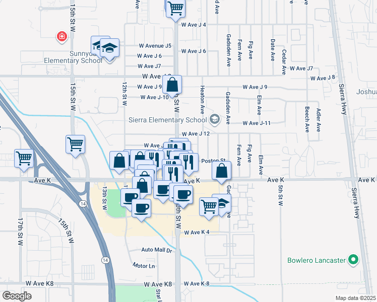 map of restaurants, bars, coffee shops, grocery stores, and more near 823 Avenue J 14 in Lancaster