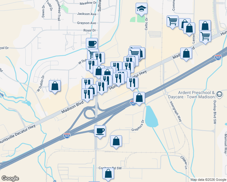 map of restaurants, bars, coffee shops, grocery stores, and more near 8861 Madison Boulevard in Madison