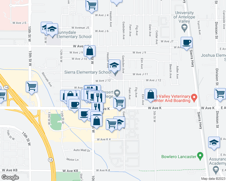 map of restaurants, bars, coffee shops, grocery stores, and more near 43720 Heaton Avenue in Lancaster