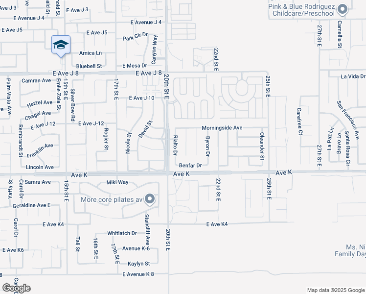 map of restaurants, bars, coffee shops, grocery stores, and more near 43661 Castle Circle in Lancaster