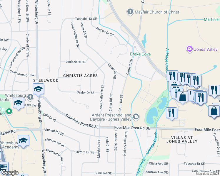 map of restaurants, bars, coffee shops, grocery stores, and more near 6818 Criner Road Southeast in Huntsville
