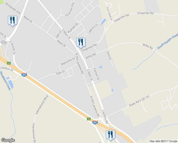 map of restaurants, bars, coffee shops, grocery stores, and more near 1303 South Main Street in Fountain Inn