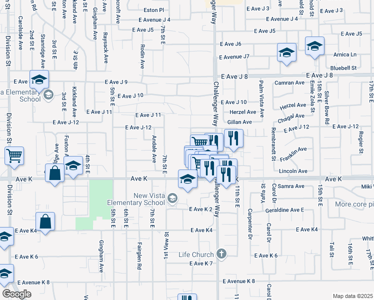 map of restaurants, bars, coffee shops, grocery stores, and more near 43703 8th Street East in Lancaster