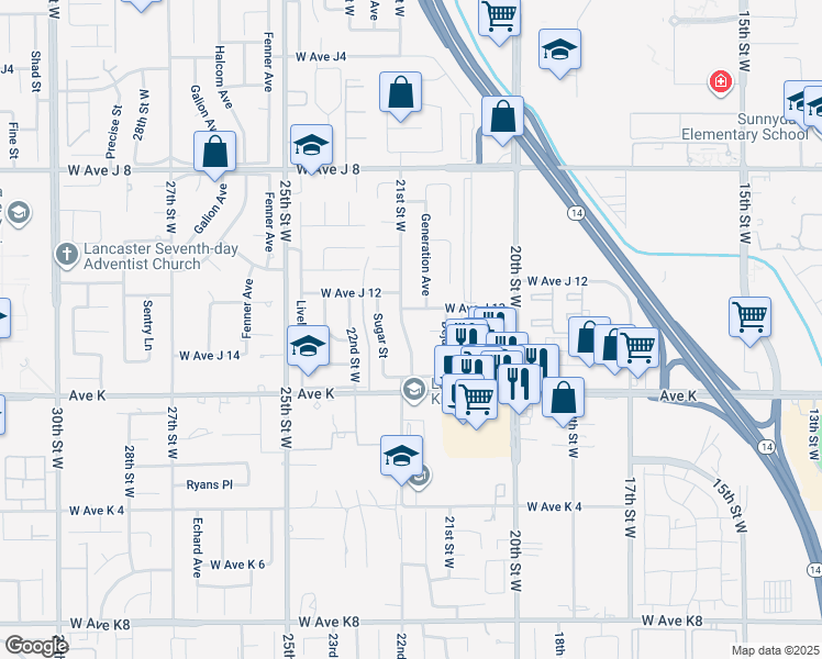 map of restaurants, bars, coffee shops, grocery stores, and more near 43700 21st Street West in Lancaster