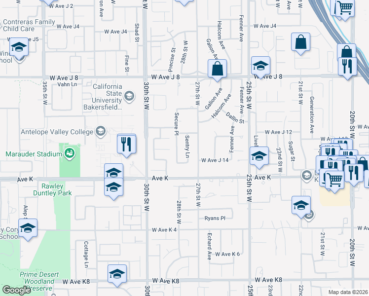 map of restaurants, bars, coffee shops, grocery stores, and more near 43755 Sentry Lane in Lancaster