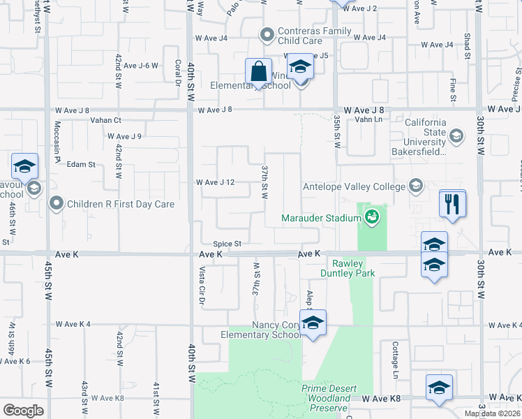 map of restaurants, bars, coffee shops, grocery stores, and more near 43703 37th Street West in Lancaster