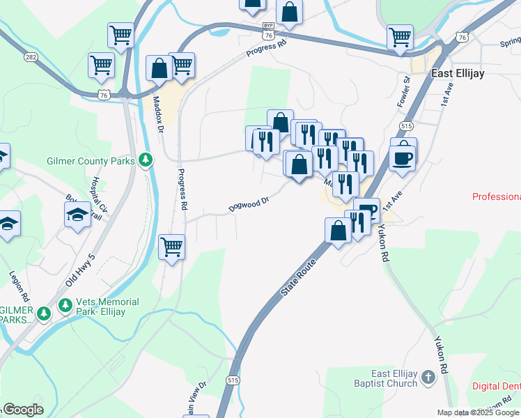map of restaurants, bars, coffee shops, grocery stores, and more near 268 Dogwood Drive in Ellijay