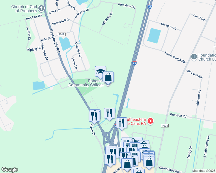 map of restaurants, bars, coffee shops, grocery stores, and more near 5160 Fayetteville Road in Lumberton