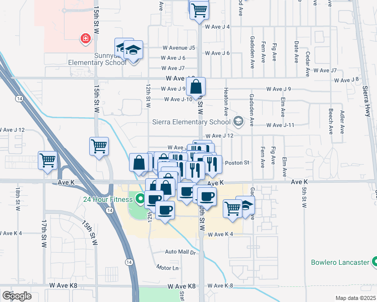 map of restaurants, bars, coffee shops, grocery stores, and more near 1026 West Avenue J-13 in Lancaster