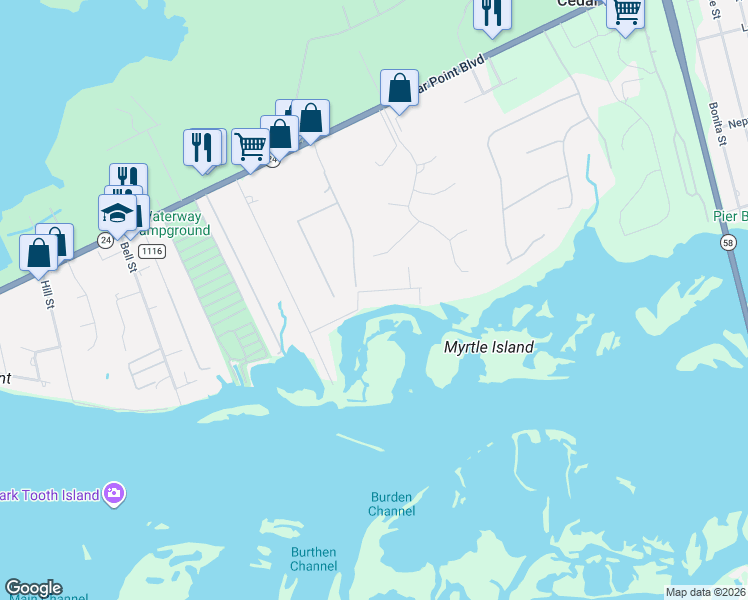 map of restaurants, bars, coffee shops, grocery stores, and more near 136 Sunset Drive in Swansboro