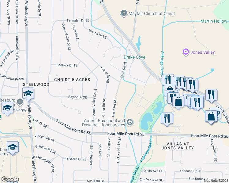 map of restaurants, bars, coffee shops, grocery stores, and more near 6814 Garth Road Southeast in Huntsville