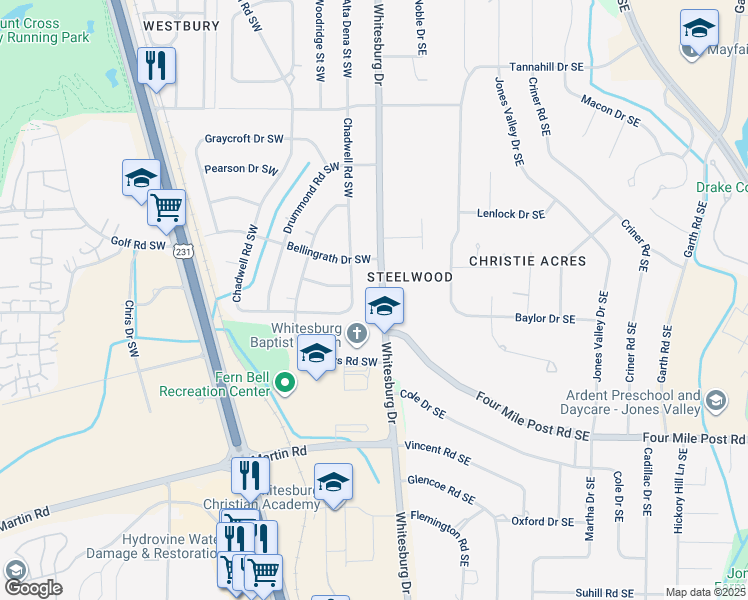 map of restaurants, bars, coffee shops, grocery stores, and more near 6508 Whitesburg Drive in Huntsville
