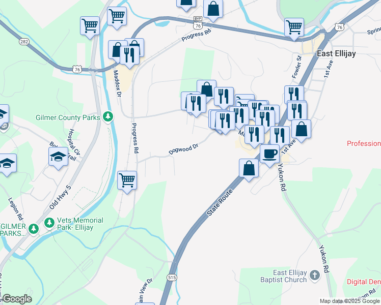 map of restaurants, bars, coffee shops, grocery stores, and more near 268 Dogwood Drive in Ellijay