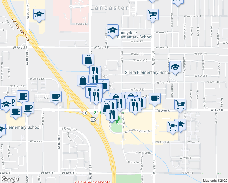map of restaurants, bars, coffee shops, grocery stores, and more near 43709 Rimvale Avenue in Lancaster