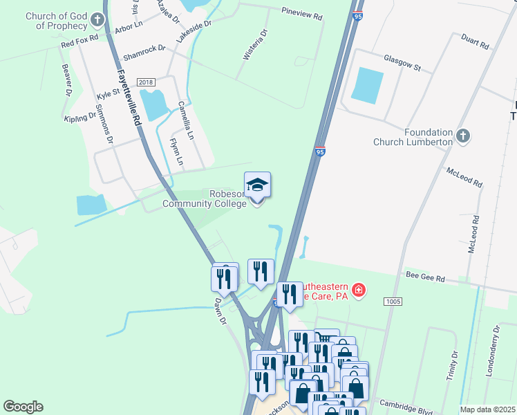 map of restaurants, bars, coffee shops, grocery stores, and more near 5160 Fayetteville Road in Lumberton