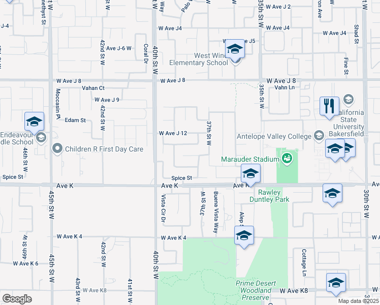 map of restaurants, bars, coffee shops, grocery stores, and more near 3745 West Avenue J-14 in Lancaster