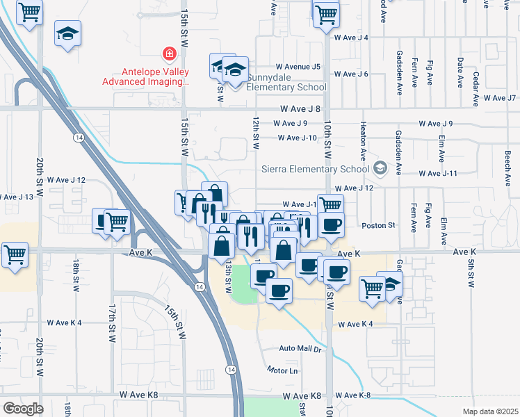 map of restaurants, bars, coffee shops, grocery stores, and more near 1156 West Avenue J-13 in Lancaster