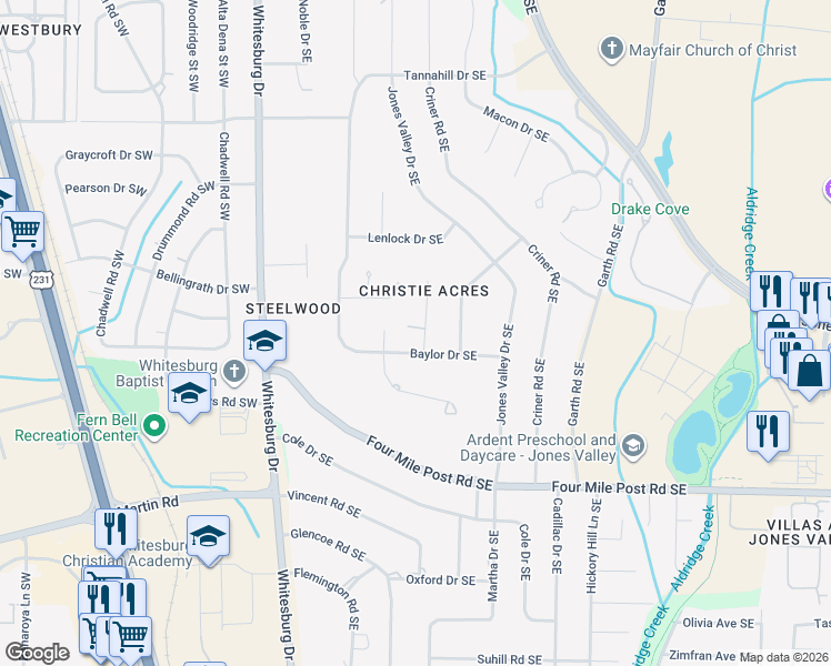 map of restaurants, bars, coffee shops, grocery stores, and more near 702 Harding Way Southeast in Huntsville