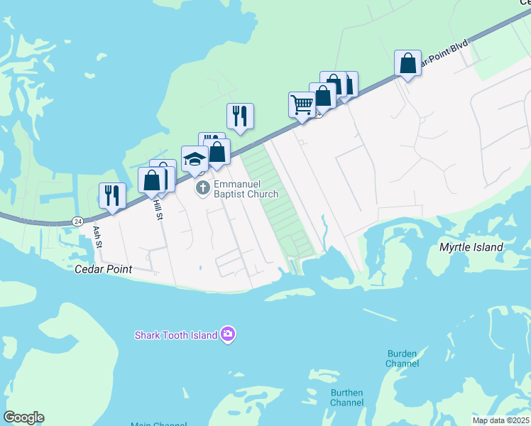 map of restaurants, bars, coffee shops, grocery stores, and more near Marlin Boulevard in Cedar Point