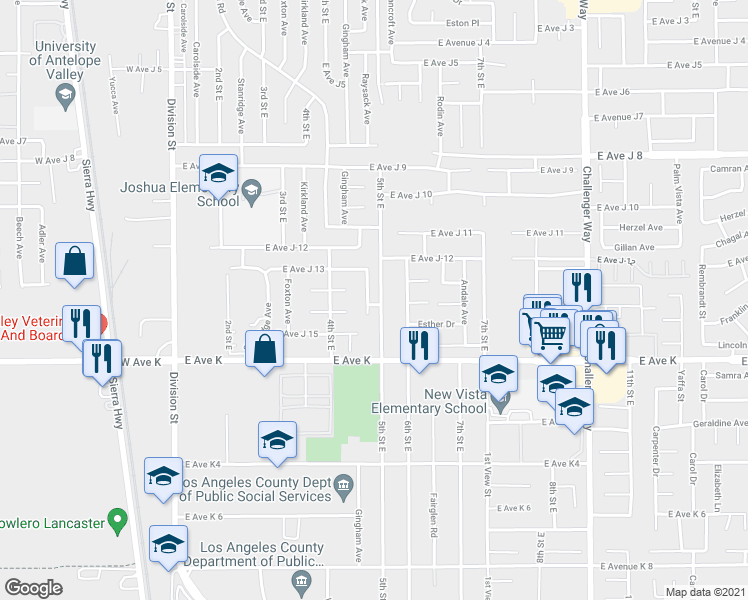 map of restaurants, bars, coffee shops, grocery stores, and more near 43724 Raysack Avenue in Lancaster
