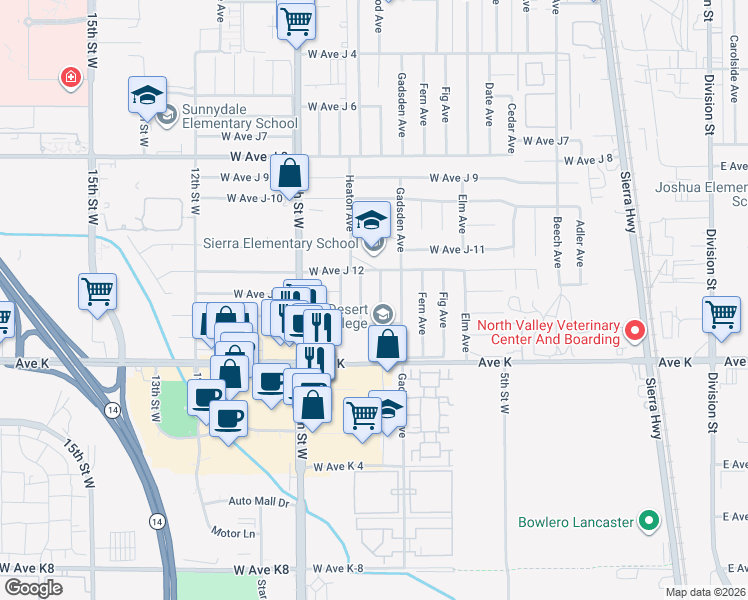map of restaurants, bars, coffee shops, grocery stores, and more near 43729 Hardwood Avenue in Lancaster
