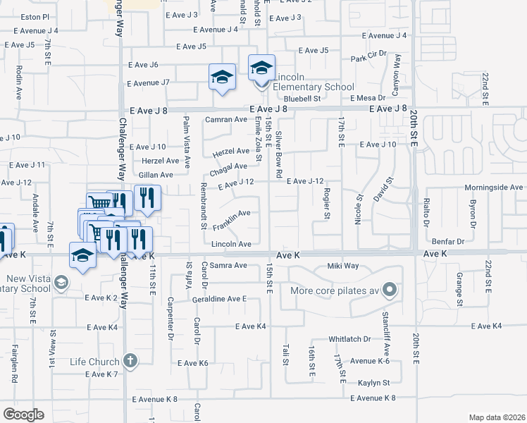 map of restaurants, bars, coffee shops, grocery stores, and more near 43656 Emile Zola Street in Lancaster
