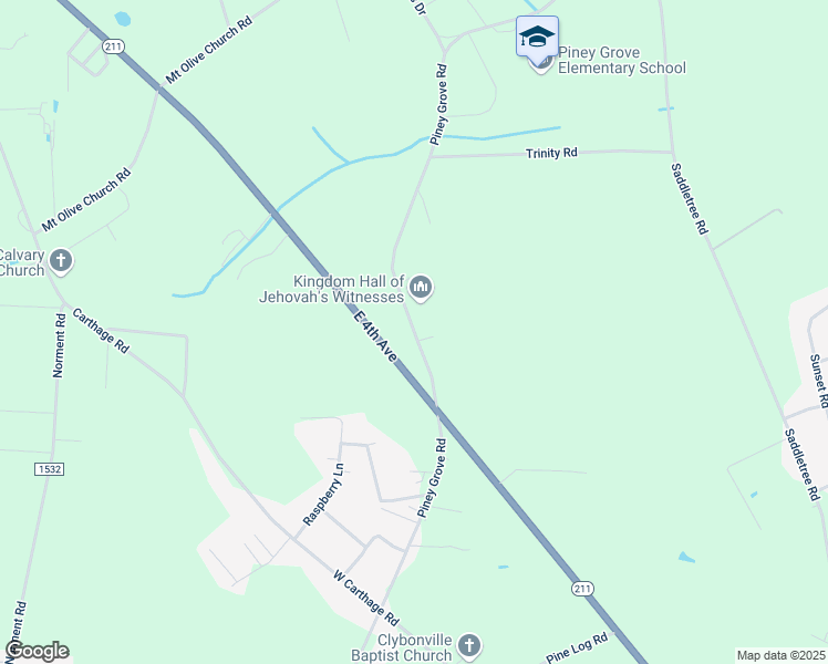 map of restaurants, bars, coffee shops, grocery stores, and more near Piney Grove Road in Lumberton