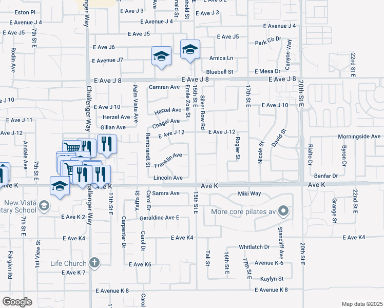 map of restaurants, bars, coffee shops, grocery stores, and more near 43656 Emile Zola Street in Lancaster