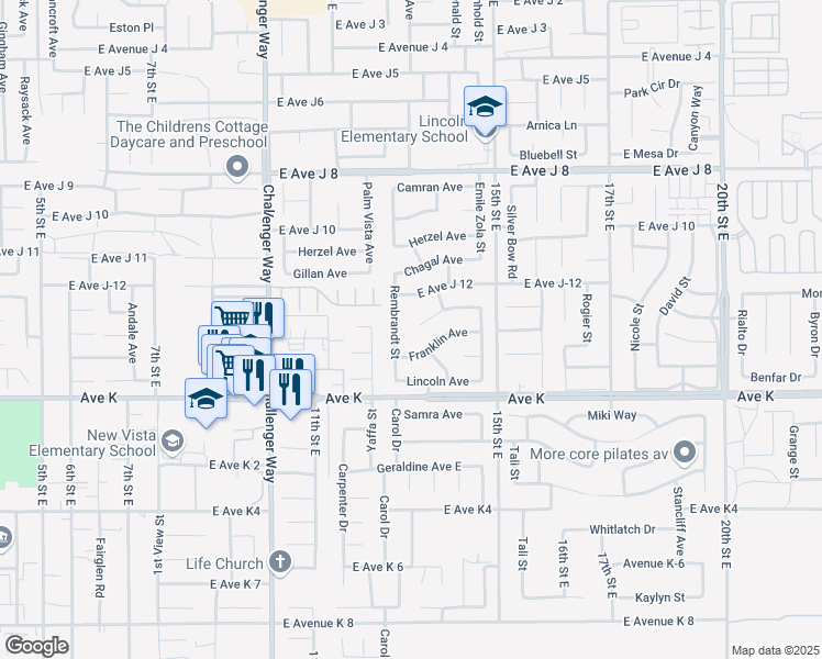 map of restaurants, bars, coffee shops, grocery stores, and more near 43608 Picaso Street in Lancaster