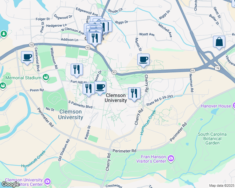map of restaurants, bars, coffee shops, grocery stores, and more near 311 Harris A. smith building in Clemson