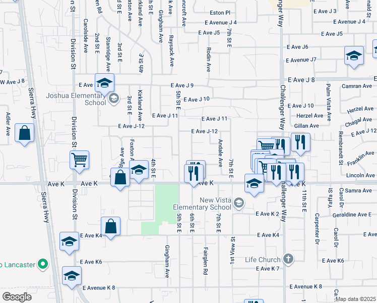 map of restaurants, bars, coffee shops, grocery stores, and more near 43701 6th Street East in Lancaster