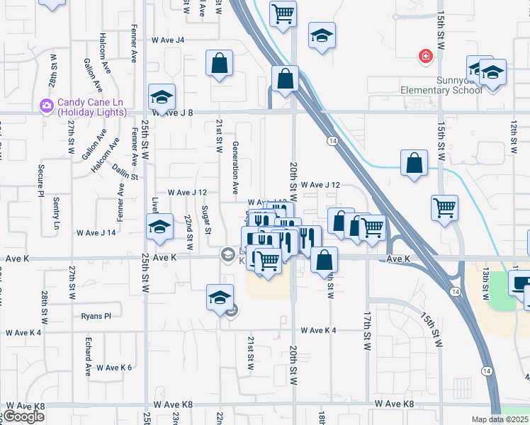 map of restaurants, bars, coffee shops, grocery stores, and more near 2040 West Avenue J13 in Lancaster
