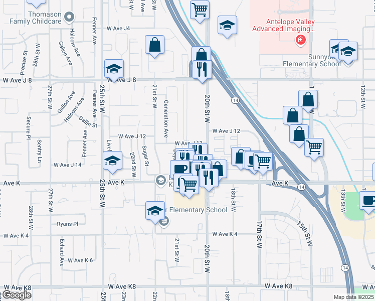 map of restaurants, bars, coffee shops, grocery stores, and more near 2040 West Avenue J-13 in Lancaster