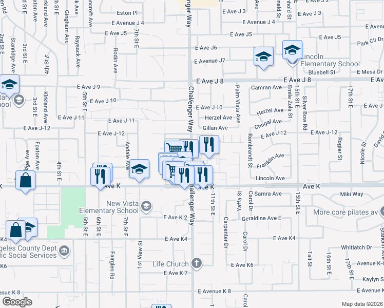 map of restaurants, bars, coffee shops, grocery stores, and more near 43707 Challenger Way in Lancaster