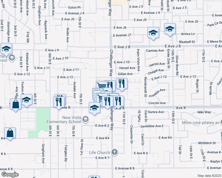 map of restaurants, bars, coffee shops, grocery stores, and more near 43707 Challenger Way in Lancaster