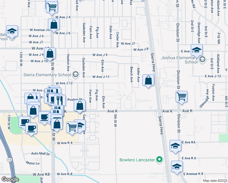 map of restaurants, bars, coffee shops, grocery stores, and more near 527 Avenue J 14 in Lancaster