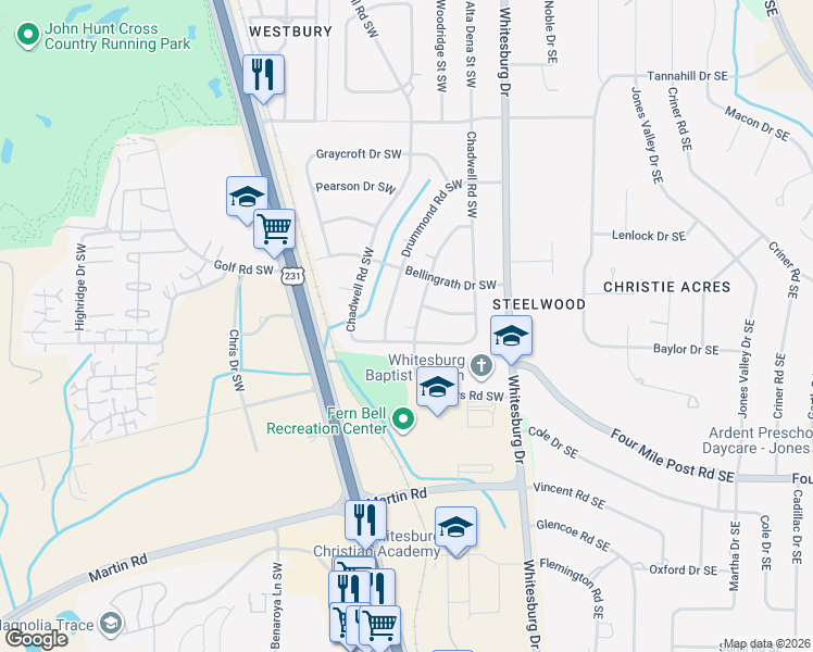 map of restaurants, bars, coffee shops, grocery stores, and more near 617 Drummond Road Southwest in Huntsville