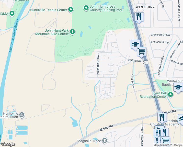 map of restaurants, bars, coffee shops, grocery stores, and more near 4027 Hunters Ridge Drive Southwest in Huntsville
