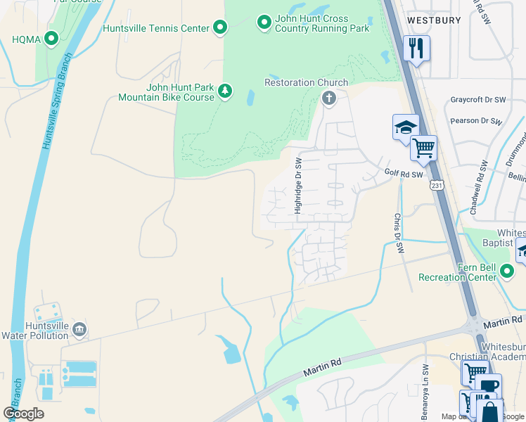 map of restaurants, bars, coffee shops, grocery stores, and more near 4016 Hunters Ridge Drive Southwest in Huntsville