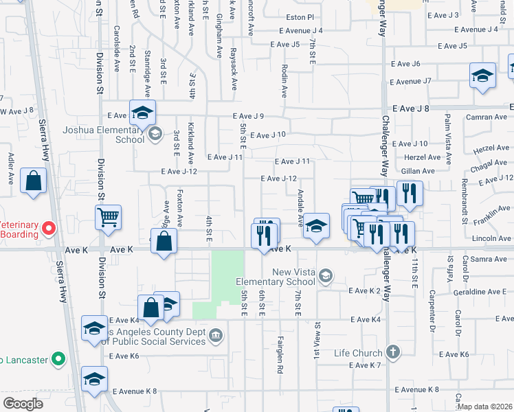 map of restaurants, bars, coffee shops, grocery stores, and more near 43701 6th Street East in Lancaster