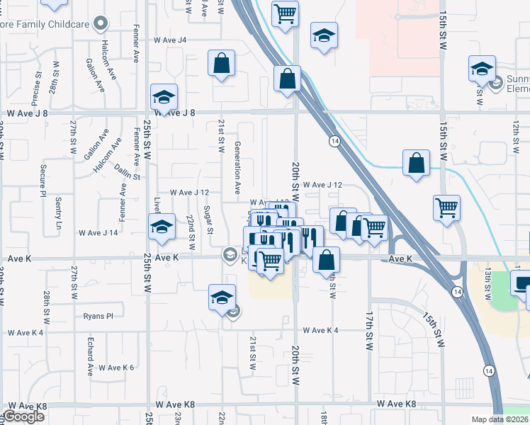 map of restaurants, bars, coffee shops, grocery stores, and more near 2040 West Avenue J13 in Lancaster
