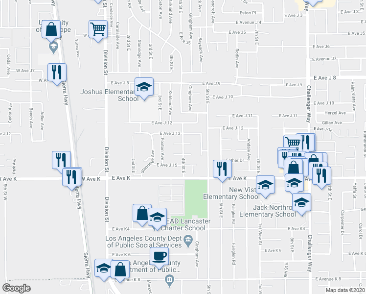 map of restaurants, bars, coffee shops, grocery stores, and more near 43721 4th Street East in Lancaster