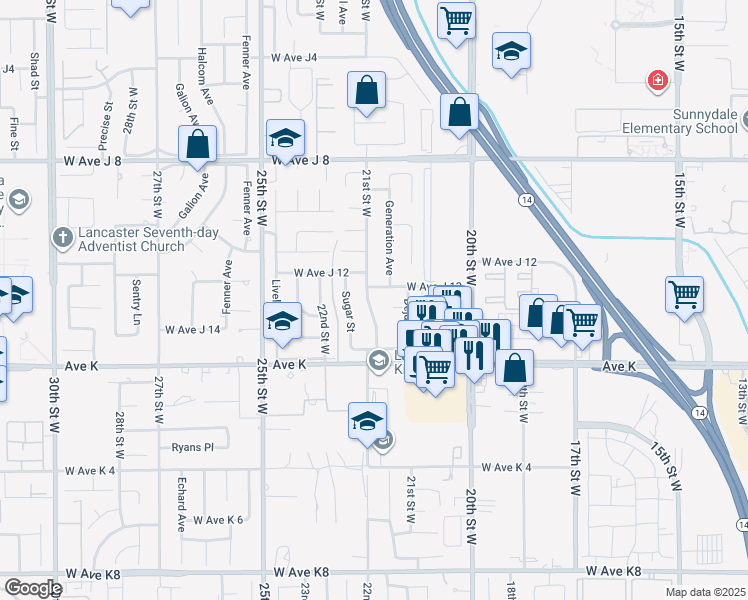 map of restaurants, bars, coffee shops, grocery stores, and more near in Lancaster