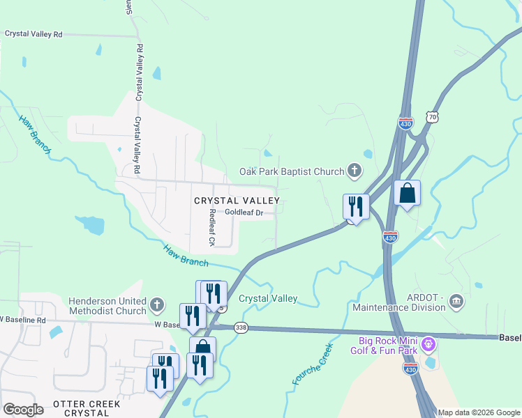 map of restaurants, bars, coffee shops, grocery stores, and more near 12412 Goldleaf Drive in Little Rock